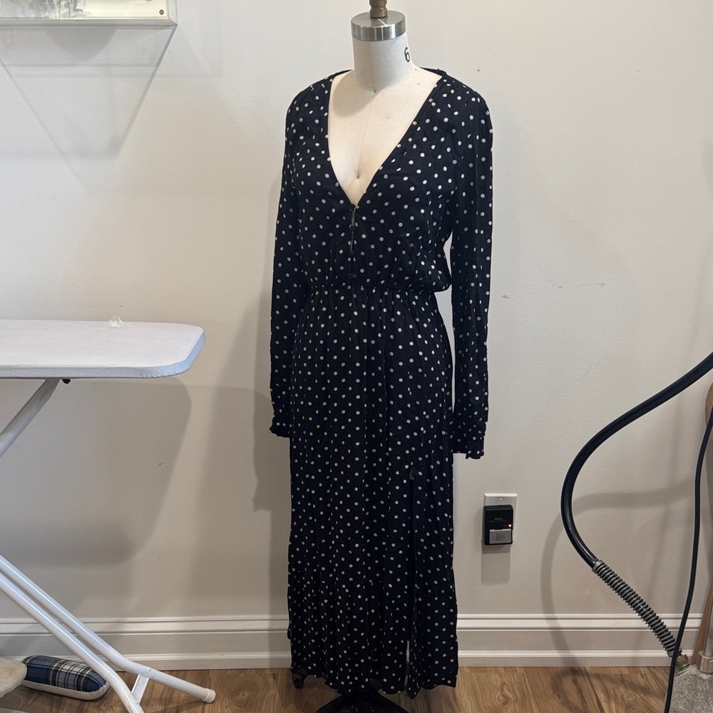 Zara Black Long Sleeve Polka Dot Maxi Dress